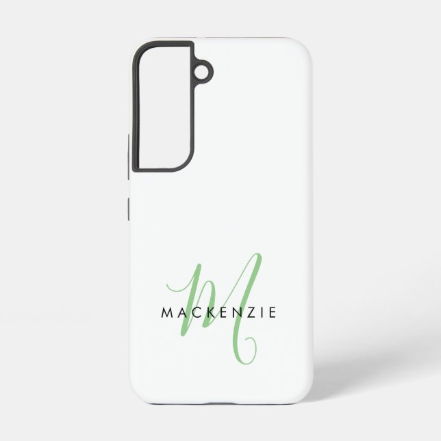 Elegant Modern White Green Script Monogram Samsung Galaxy S22 Case (Back)