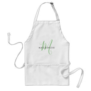 Elegant Modern White Green Script Monogram Standard Apron