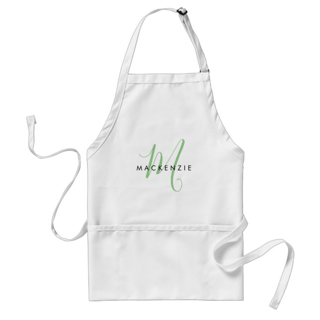 Elegant Modern White Green Script Monogram Standard Apron (Front)