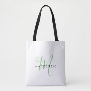 Elegant Modern White Green Script Monogram Tote Bag