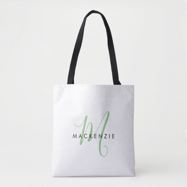 Elegant Modern White Green Script Monogram Tote Bag (Front)