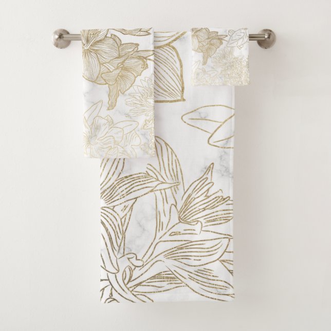 Elegant modern white grey gold marble floral bath towel set (Insitu)