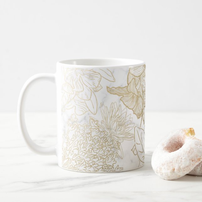 Elegant modern white grey gold marble floral coffee mug (With Donut)