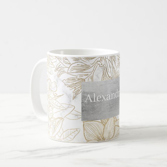 Elegant modern white grey gold marble floral coffee mug (Front Left)