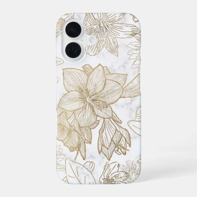 Elegant modern white grey gold marble floral iPhone 16 case (Back)