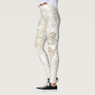 Elegant modern white grey gold marble floral leggings