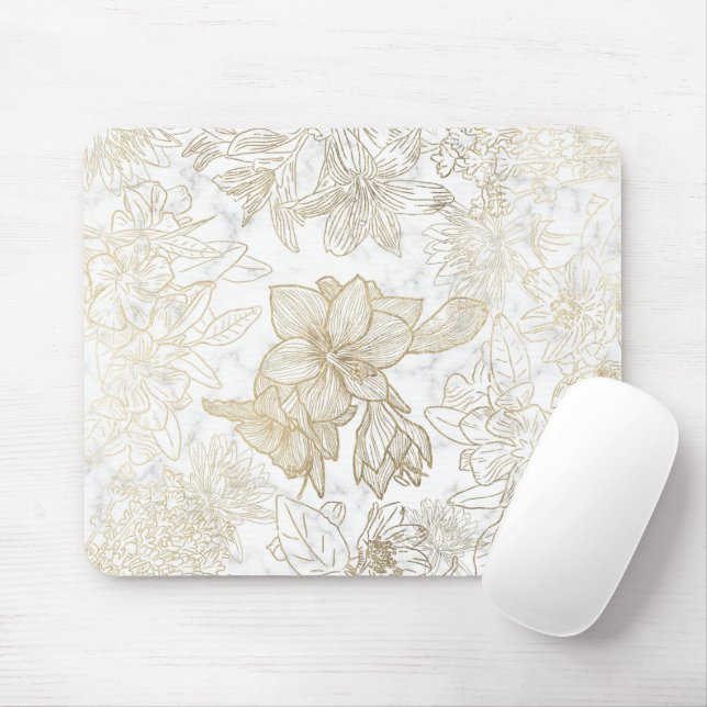 Elegant modern white grey gold marble floral mouse mat (With Mouse)