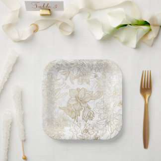 Elegant modern white grey gold marble floral paper plate