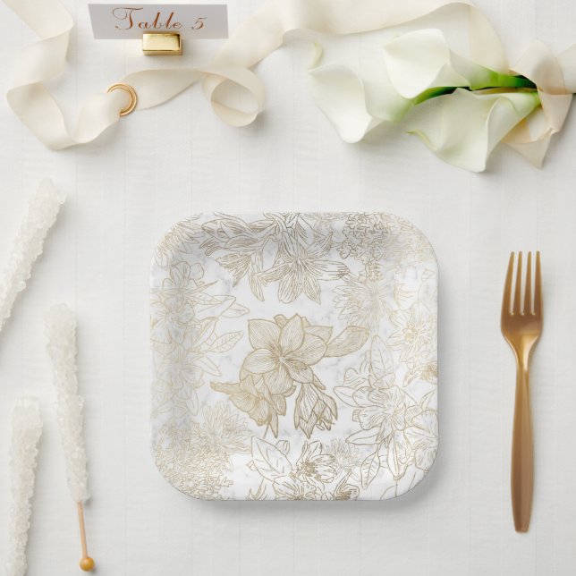 Elegant modern white grey gold marble floral paper plate (Wedding)
