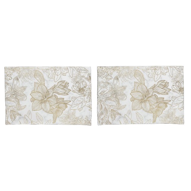 Elegant modern white grey gold marble floral pillowcase (Front-Set)