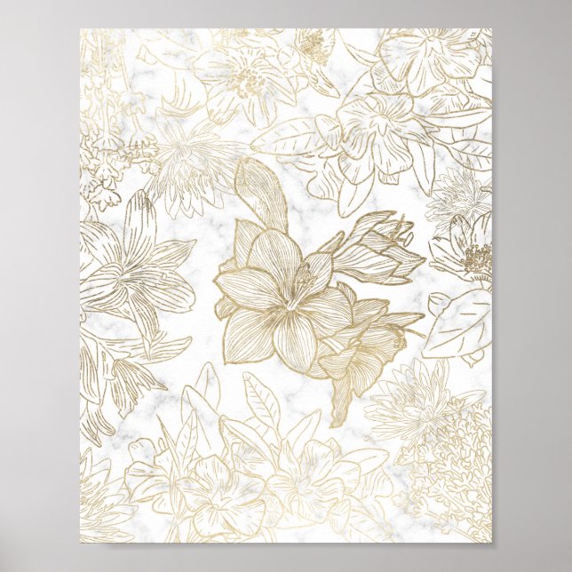Elegant modern white grey gold marble floral poster (Front)