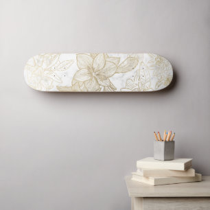 Elegant modern white grey gold marble floral skateboard