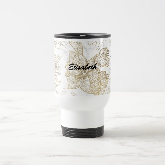 Elegant modern white grey gold marble floral travel mug (Center)