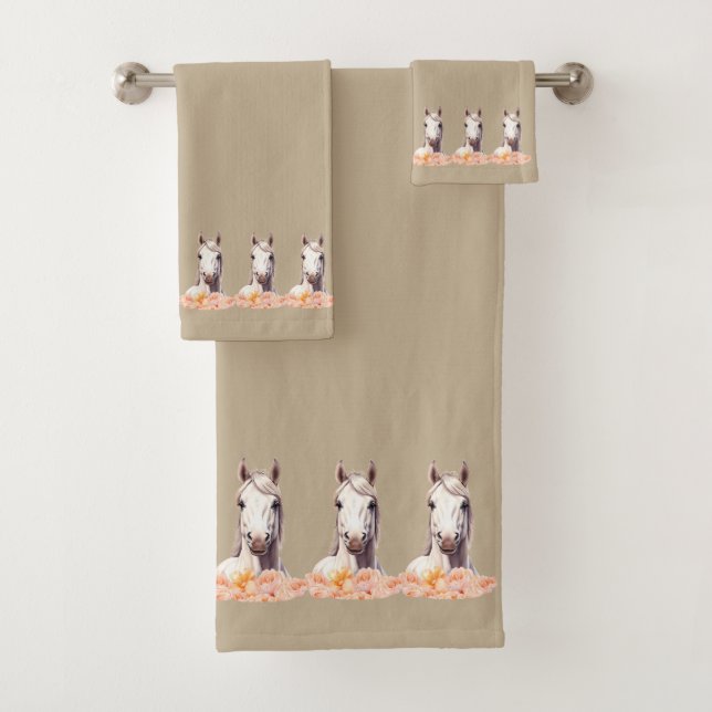Elegant, Modern White Horses with Flowers on Beige Bath Towel Set (Insitu)