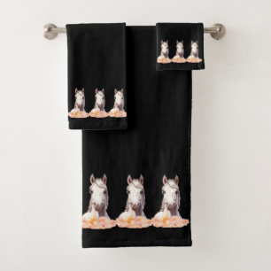 Elegant, Modern White Horses with Flowers on Black Bath Towel Set