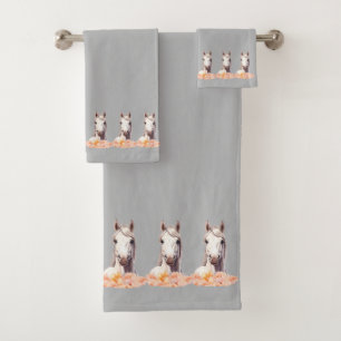 Elegant, Modern White Horses with Flowers on Grey Bath Towel Set