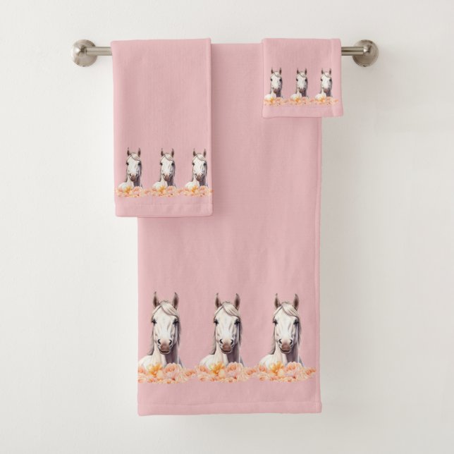 Elegant, Modern White Horses with Flowers on Pink Bath Towel Set (Insitu)