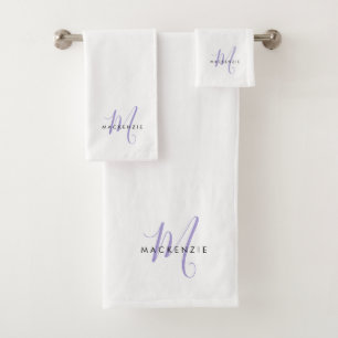 Elegant Modern White Lavender Script Monogram Bath Towel Set