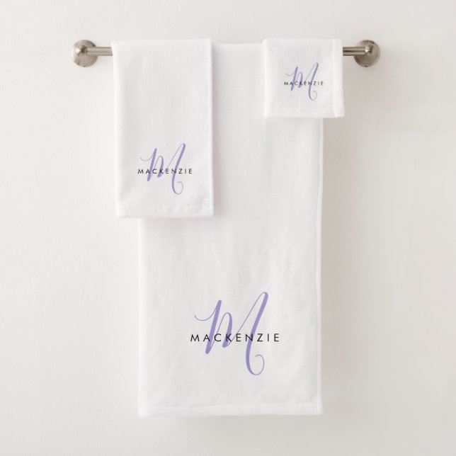 Elegant Modern White Lavender Script Monogram Bath Towel Set (Insitu)
