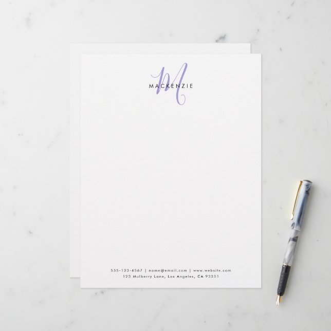 Elegant Modern White Lavender Script Monogram Custom Letterhead (Front/Back In Situ)