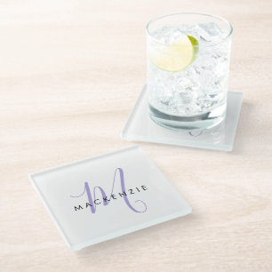 Elegant Modern White Lavender Script Monogram Glass Coaster