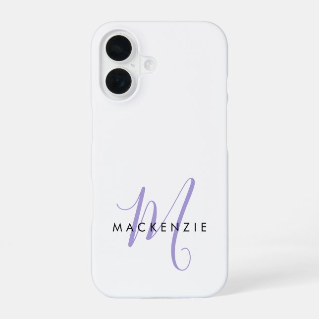 Elegant Modern White Lavender Script Monogram iPhone 16 Case (Back)