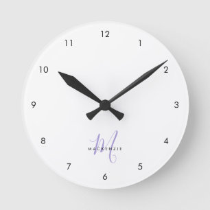 Elegant Modern White Lavender Script Monogram Round Clock
