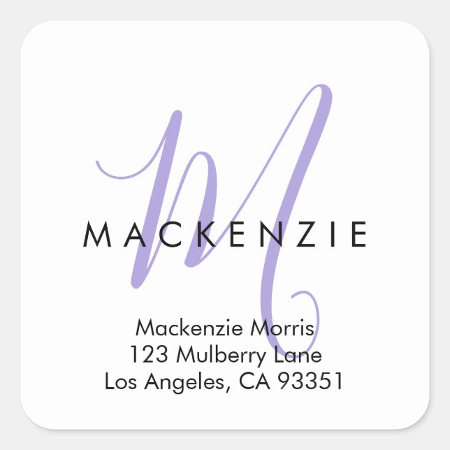 Elegant Modern White Lavender Script Monogram Square Sticker (Front)