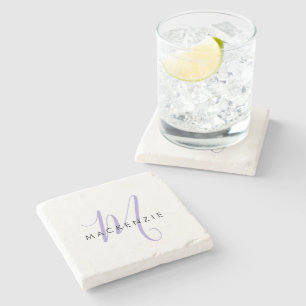 Elegant Modern White Lavender Script Monogram Stone Coaster