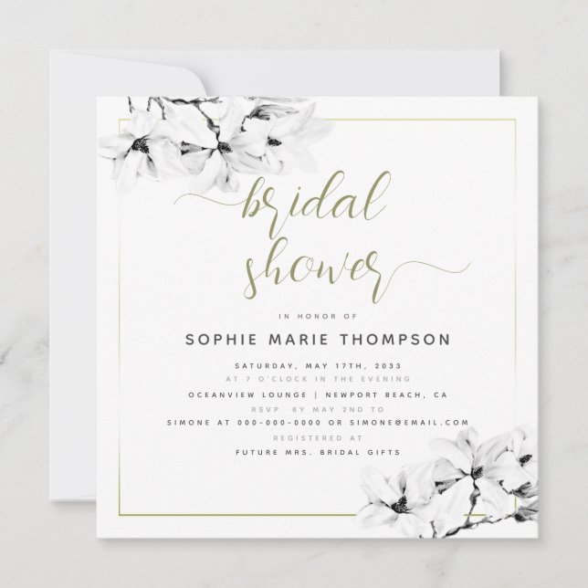 Elegant Modern White Magnolia Square Bridal Shower Invitation (Front)