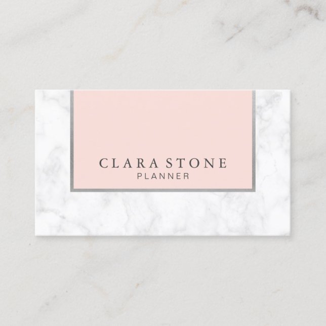 Elegant modern white marble blush pink & silver business card (Front)