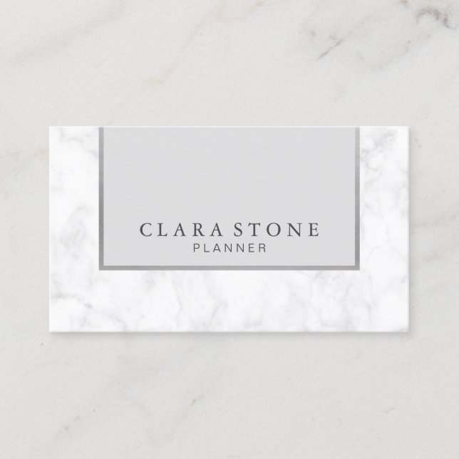 Elegant modern white marble grey & silver business card (Front)