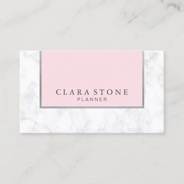 Elegant modern white marble pastel pink & silver business card (Front)