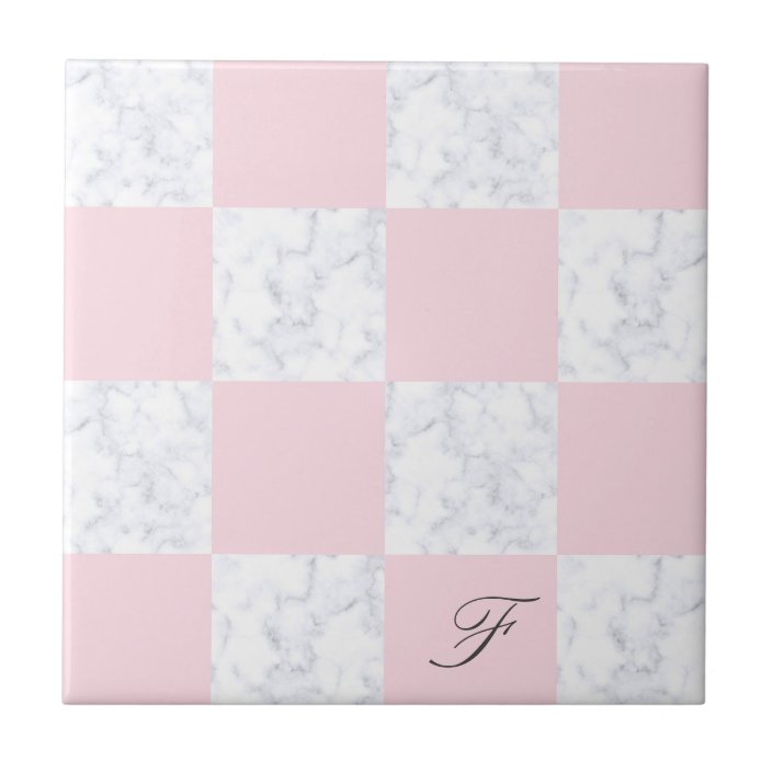 Elegant modern white marble pink chequered tile Zazzle.co.uk