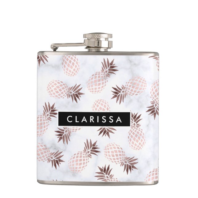 elegant modern white marble rose gold pineapple hip flask (Front)