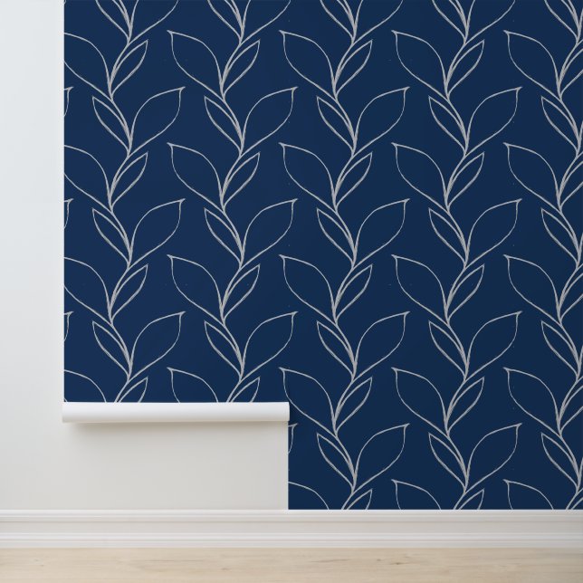    Elegant Modern White & Navy Blue Foliage Simple Wallpaper (Application)