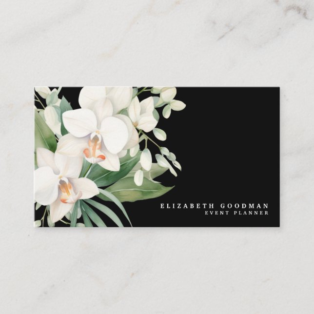 Elegant Modern White Orchids Black Business Cards (Front)