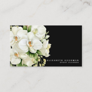 Elegant Modern White Orchids Black Business Cards