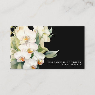 Elegant Modern White Orchids Black Business Cards