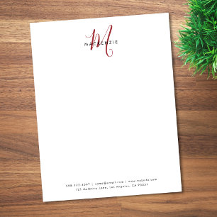 Elegant Modern White Red Script Monogram Custom Letterhead