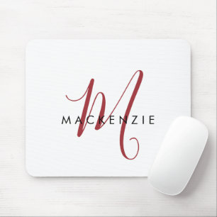 Elegant Modern White Red Script Monogram Mouse Mat