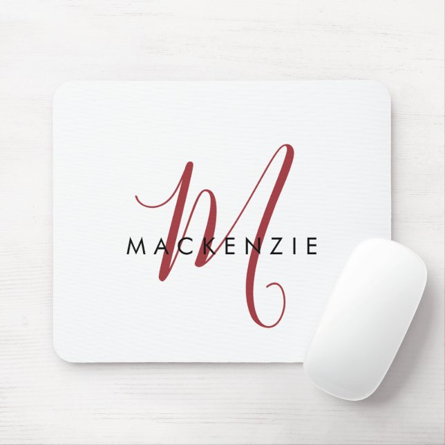 Elegant Modern White Red Script Monogram Mouse Mat (With Mouse)