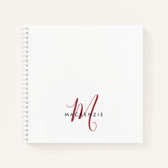 Elegant Modern White Red Script Monogram Notebook (Front)