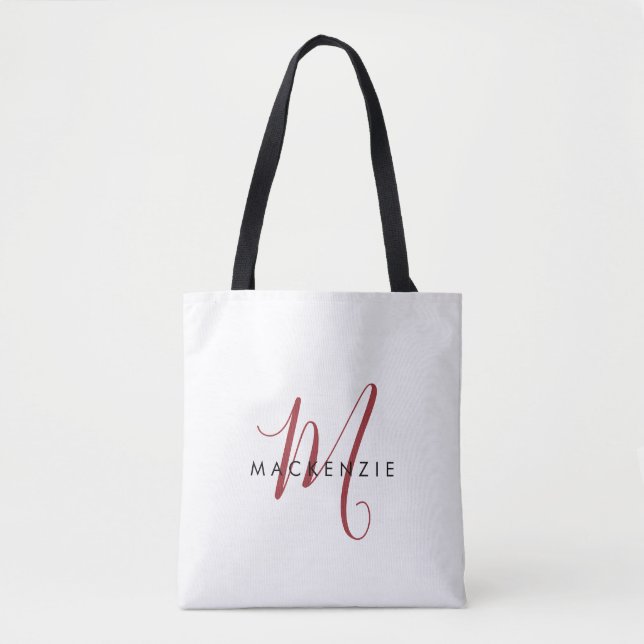 Elegant Modern White Red Script Monogram Tote Bag (Front)
