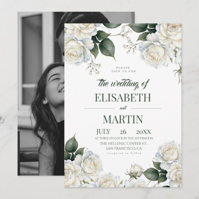 Elegant Modern White Rose Florals Wedding Invitation (Front/Back)