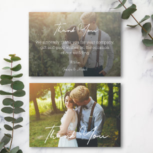 elegant modern white script wedding 2 photos thank you card