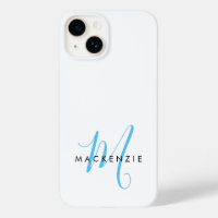Elegant Modern White Sky Blue Script Monogram
