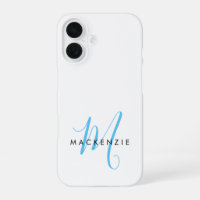 Elegant Modern White Sky Blue Script Monogram