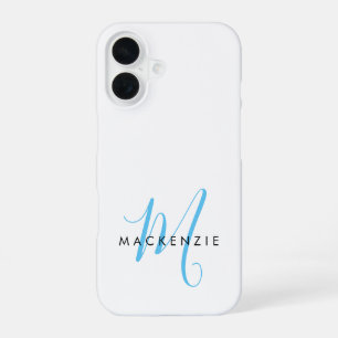 Elegant Modern White Sky Blue Script Monogram iPhone 16 Case