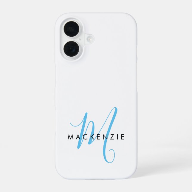 Elegant Modern White Sky Blue Script Monogram iPhone 16 Case (Back)